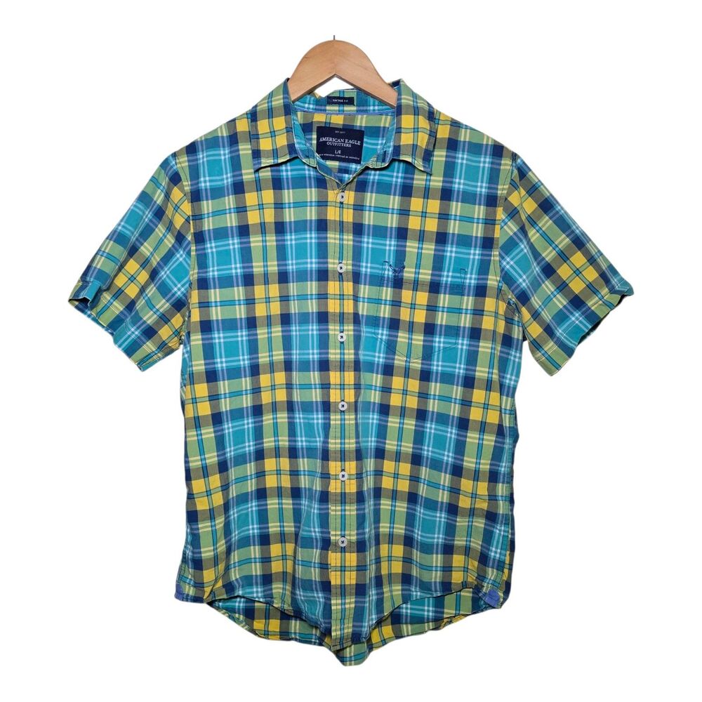 American Eagle Men’s Large Blue Yellow Plaid Short Sleeve Button Shirt Cotton